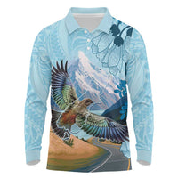 New Zealand South Island Long Sleeve Polo Shirt Te Waipounamu Aoraki Kea Bird LT14 Blue - Polynesian Pride