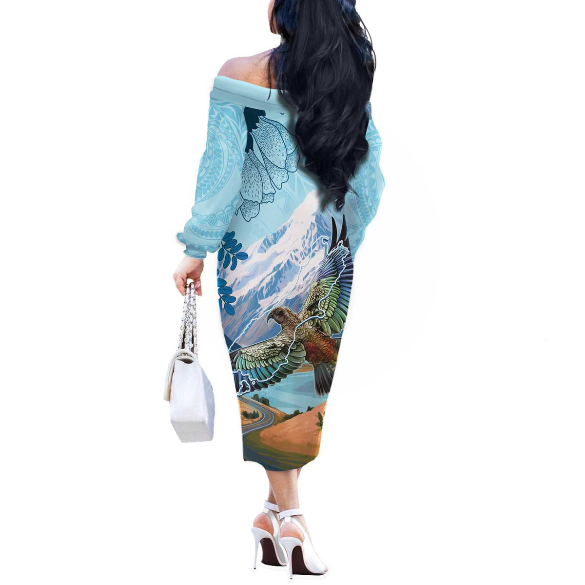 New Zealand South Island Off The Shoulder Long Sleeve Dress Te Waipounamu Aoraki Kea Bird