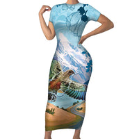 New Zealand South Island Short Sleeve Bodycon Dress Te Waipounamu Aoraki Kea Bird LT14 Long Dress Blue - Polynesian Pride