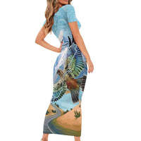 New Zealand South Island Short Sleeve Bodycon Dress Te Waipounamu Aoraki Kea Bird LT14 - Polynesian Pride
