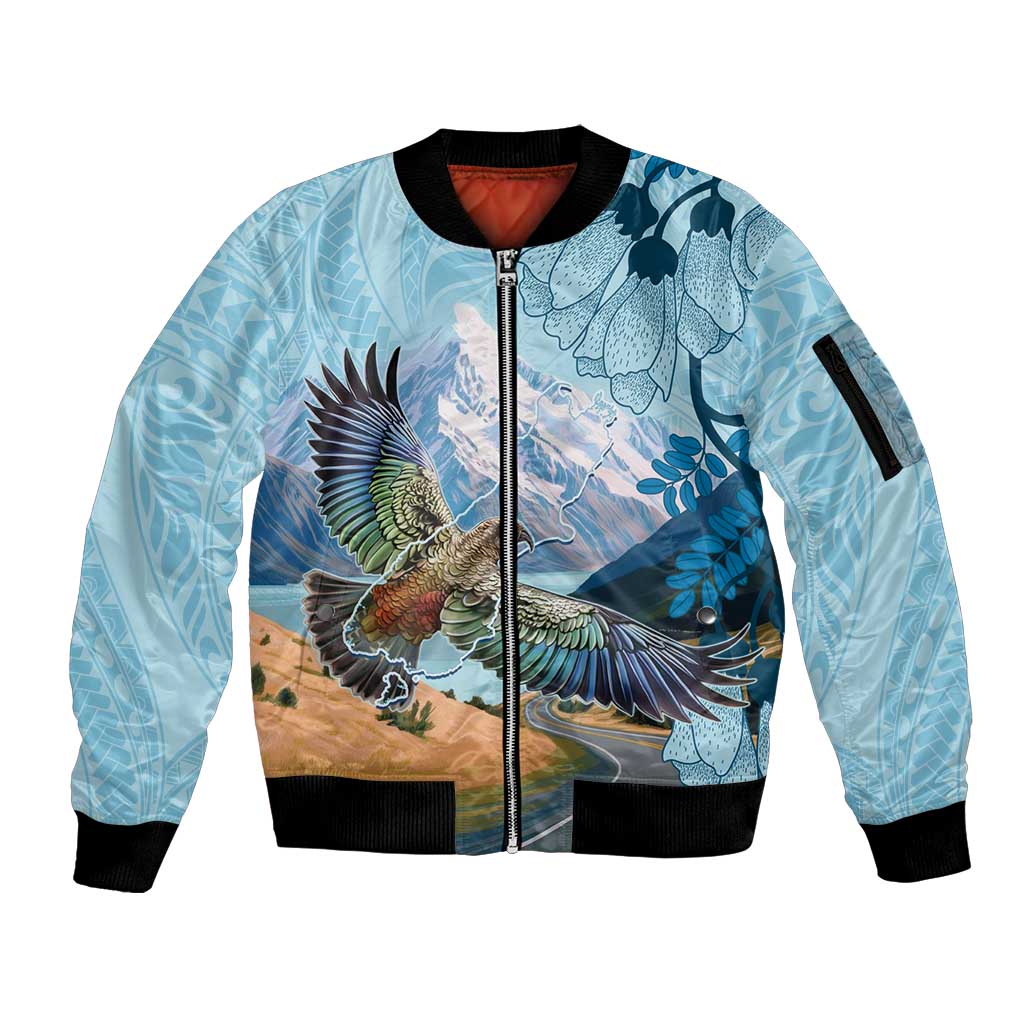 New Zealand South Island Sleeve Zip Bomber Jacket Te Waipounamu Aoraki Kea Bird LT14 Unisex Blue - Polynesian Pride