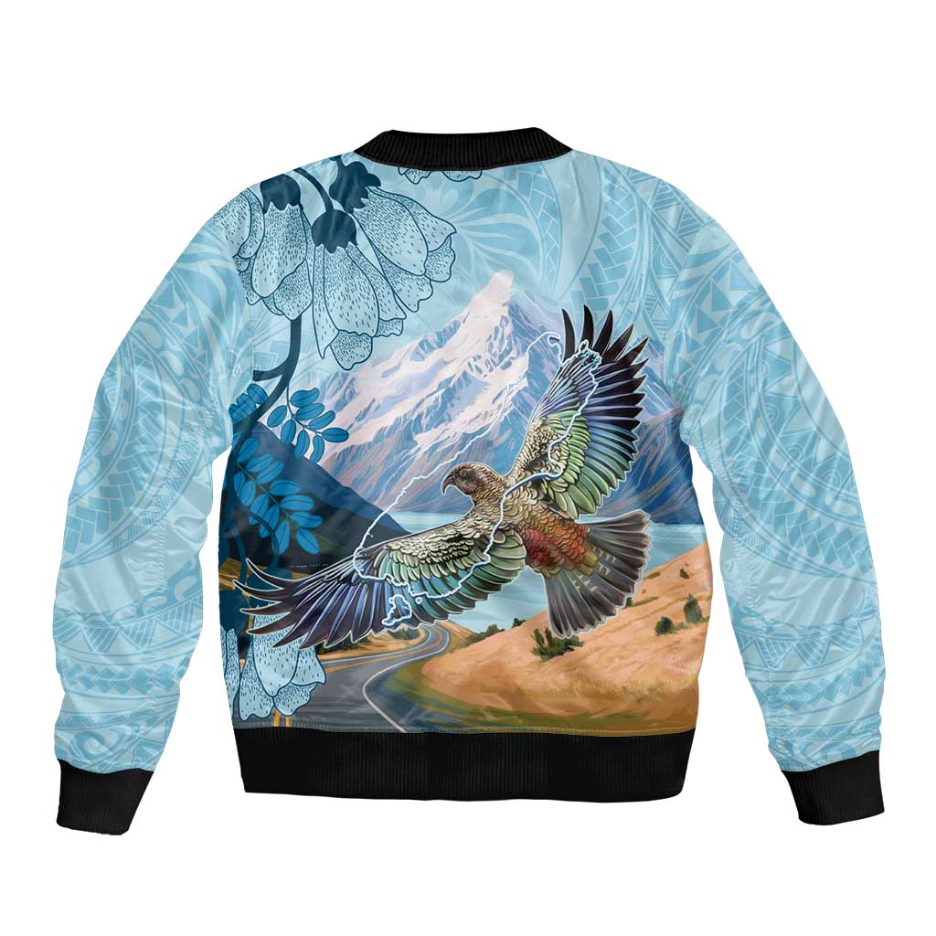 New Zealand South Island Sleeve Zip Bomber Jacket Te Waipounamu Aoraki Kea Bird LT14 - Polynesian Pride