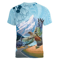 New Zealand South Island Women V-Neck T-Shirt Te Waipounamu Aoraki Kea Bird LT14 - Polynesian Pride