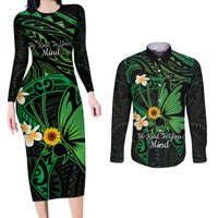 Polynesia Mental Health Awareness Couples Matching Long Sleeve Bodycon Dress and Long Sleeve Button Shirt Green Ribbon Be Kind To Your Mind