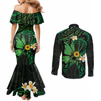 Polynesia Mental Health Awareness Couples Matching Mermaid Dress and Long Sleeve Button Shirt Green Ribbon Be Kind To Your Mind