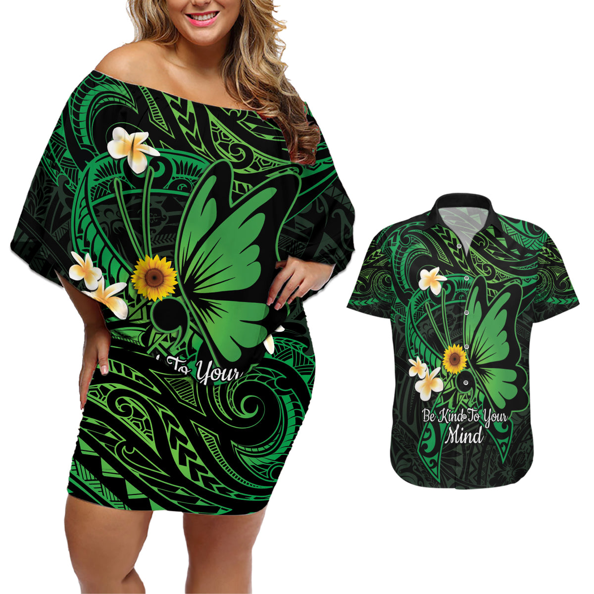 Polynesia Mental Health Awareness Couples Matching Off Shoulder Short Dress and Hawaiian Shirt Green Ribbon Be Kind To Your Mind