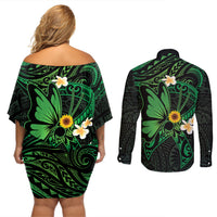 Polynesia Mental Health Awareness Couples Matching Off Shoulder Short Dress and Long Sleeve Button Shirt Green Ribbon Be Kind To Your Mind