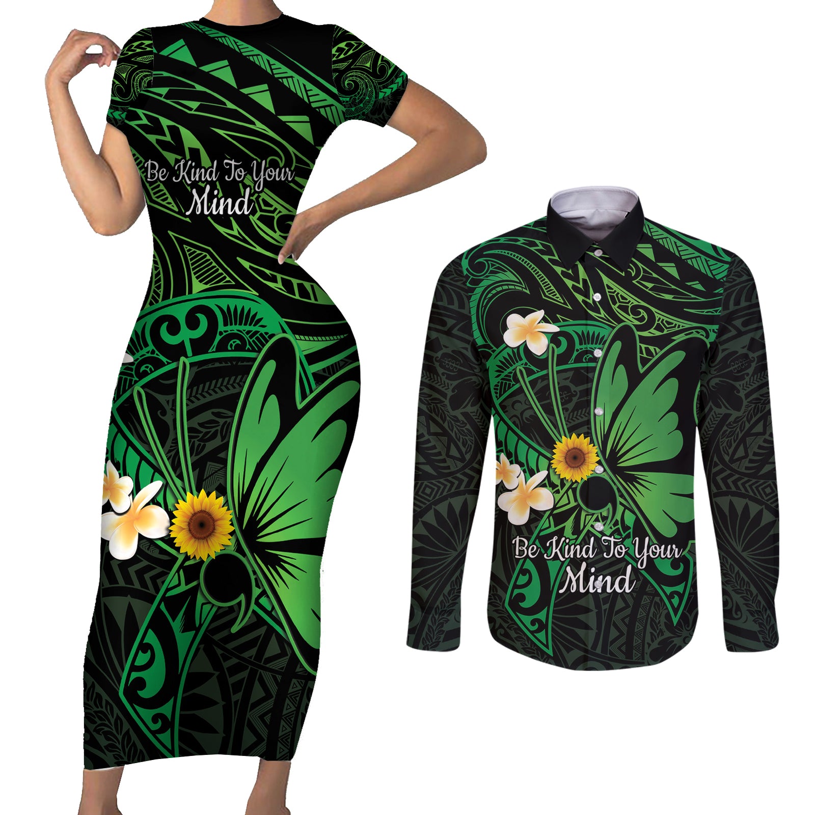 Polynesia Mental Health Awareness Couples Matching Short Sleeve Bodycon Dress and Long Sleeve Button Shirt Green Ribbon Be Kind To Your Mind