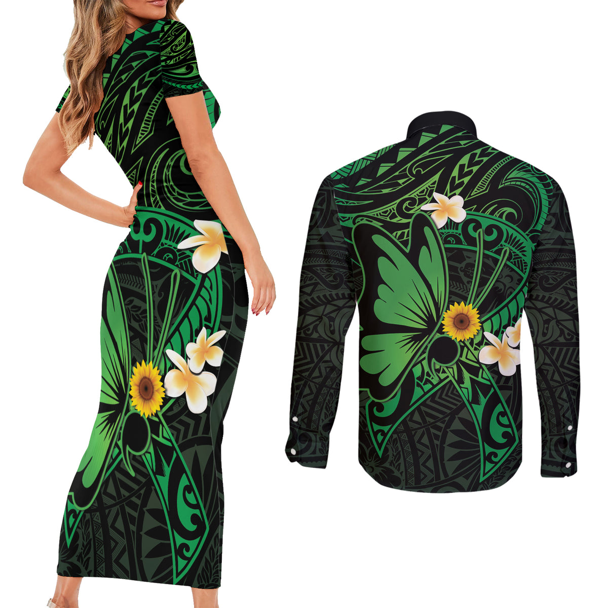 Polynesia Mental Health Awareness Couples Matching Short Sleeve Bodycon Dress and Long Sleeve Button Shirt Green Ribbon Be Kind To Your Mind