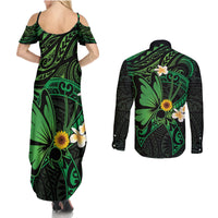 Polynesia Mental Health Awareness Couples Matching Summer Maxi Dress and Long Sleeve Button Shirt Green Ribbon Be Kind To Your Mind