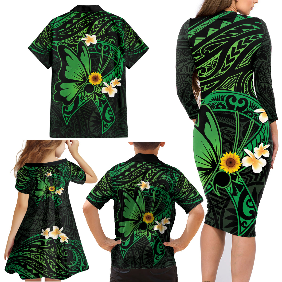 Polynesia Mental Health Awareness Family Matching Long Sleeve Bodycon Dress and Hawaiian Shirt Green Ribbon Be Kind To Your Mind