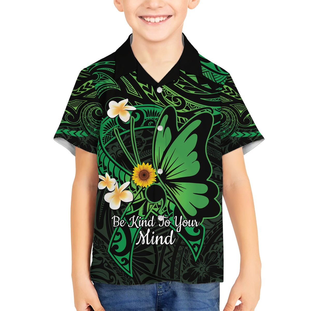 Polynesia Mental Health Awareness Family Matching Long Sleeve Bodycon Dress and Hawaiian Shirt Green Ribbon Be Kind To Your Mind