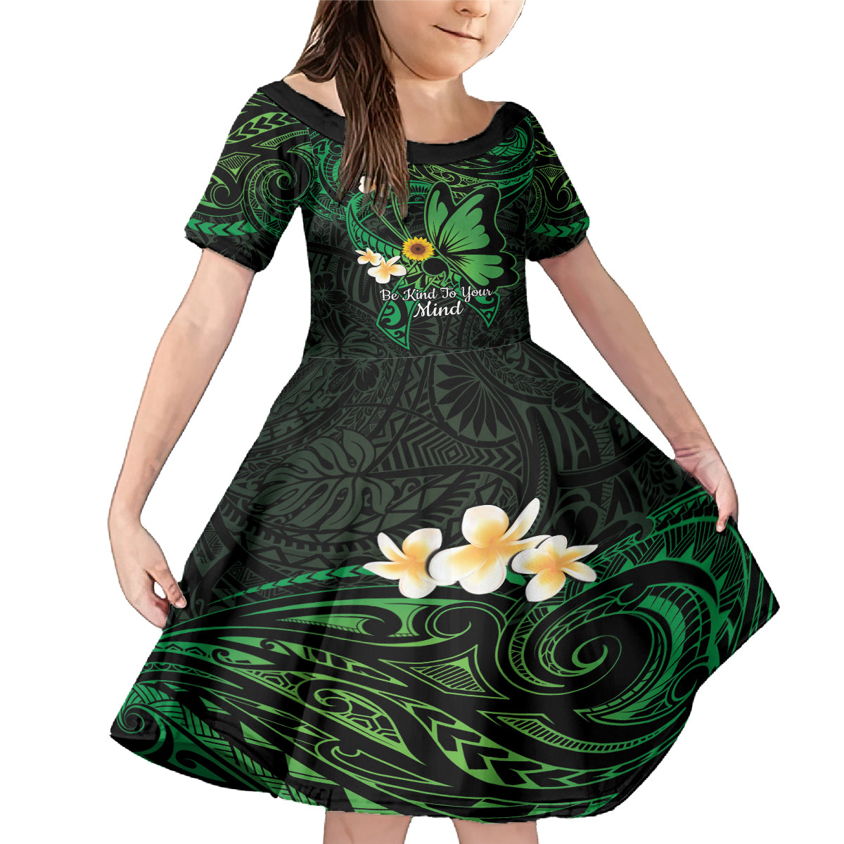 Polynesia Mental Health Awareness Family Matching Mermaid Dress and Hawaiian Shirt Green Ribbon Be Kind To Your Mind
