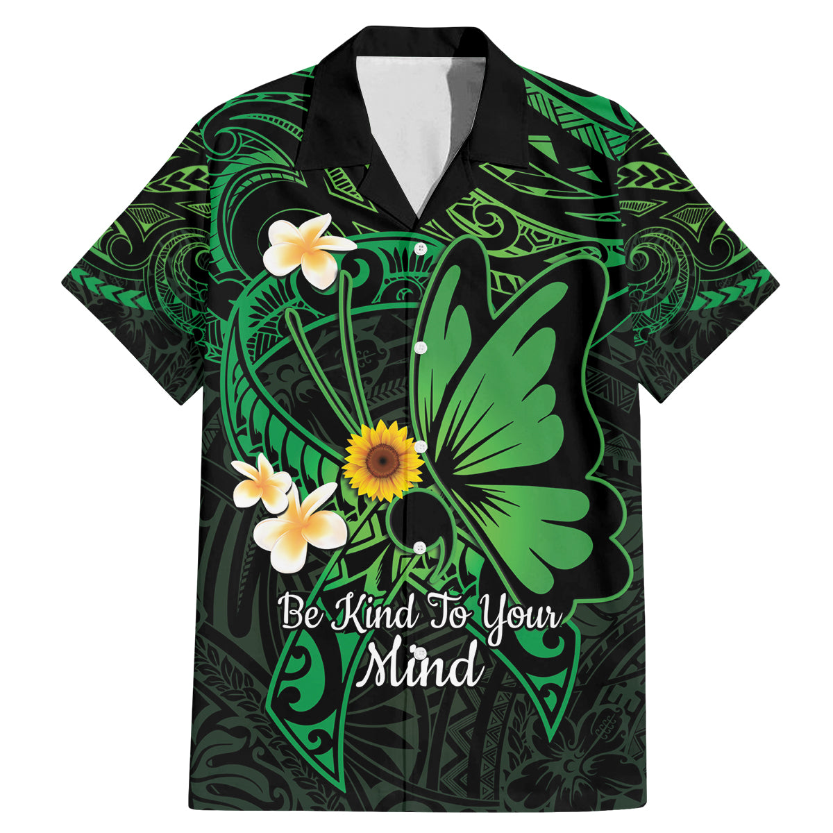 Polynesia Mental Health Awareness Family Matching Mermaid Dress and Hawaiian Shirt Green Ribbon Be Kind To Your Mind