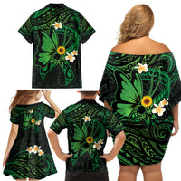 Polynesia Mental Health Awareness Family Matching Off Shoulder Short Dress and Hawaiian Shirt Green Ribbon Be Kind To Your Mind