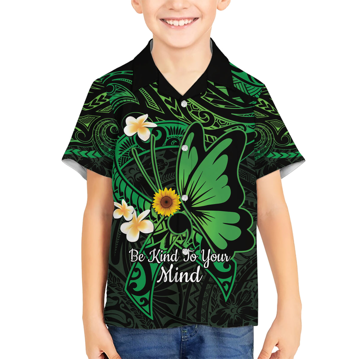 Polynesia Mental Health Awareness Kid Hawaiian Shirt Green Ribbon Be Kind To Your Mind