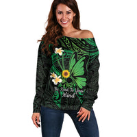 Polynesia Mental Health Awareness Off Shoulder Sweater Green Ribbon Be Kind To Your Mind