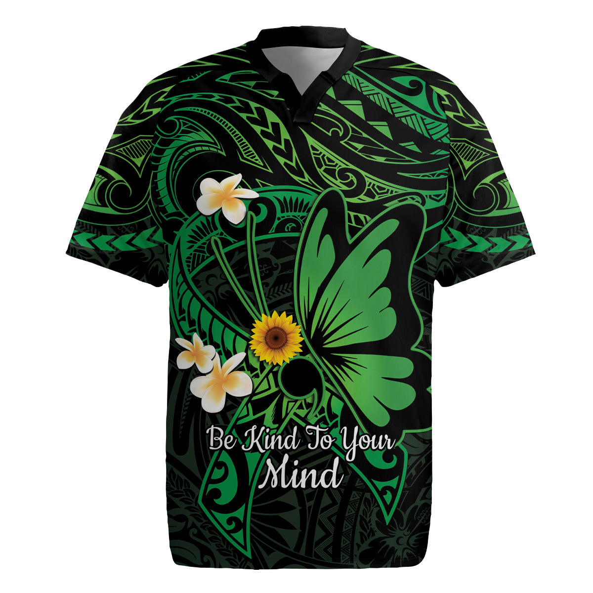 Polynesia Mental Health Awareness Rugby Jersey Green Ribbon Be Kind To Your Mind