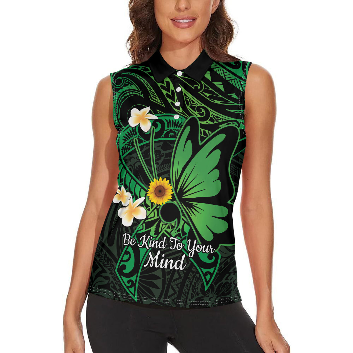 Polynesia Mental Health Awareness Women Sleeveless Polo Shirt Green Ribbon Be Kind To Your Mind