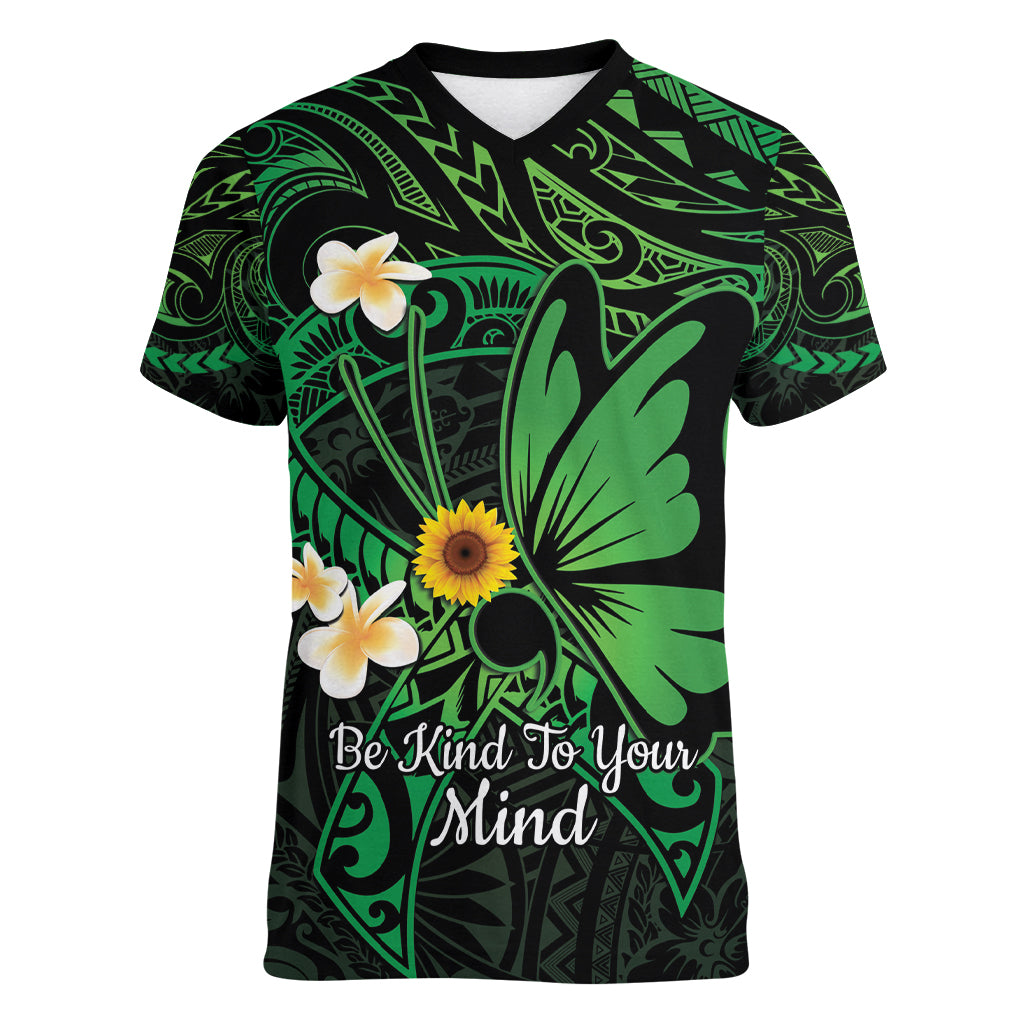 Polynesia Mental Health Awareness Women V-Neck T-Shirt Green Ribbon Be Kind To Your Mind