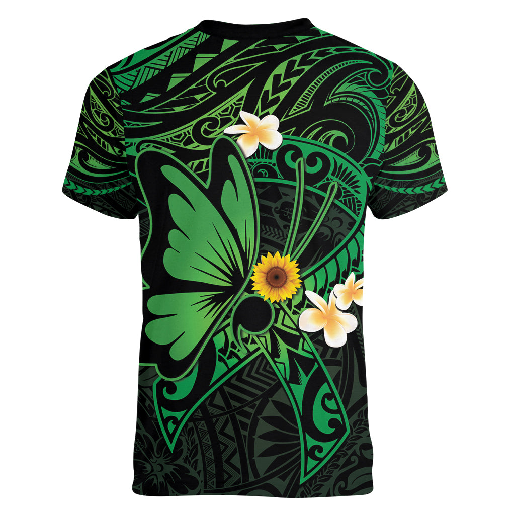 Polynesia Mental Health Awareness Women V-Neck T-Shirt Green Ribbon Be Kind To Your Mind