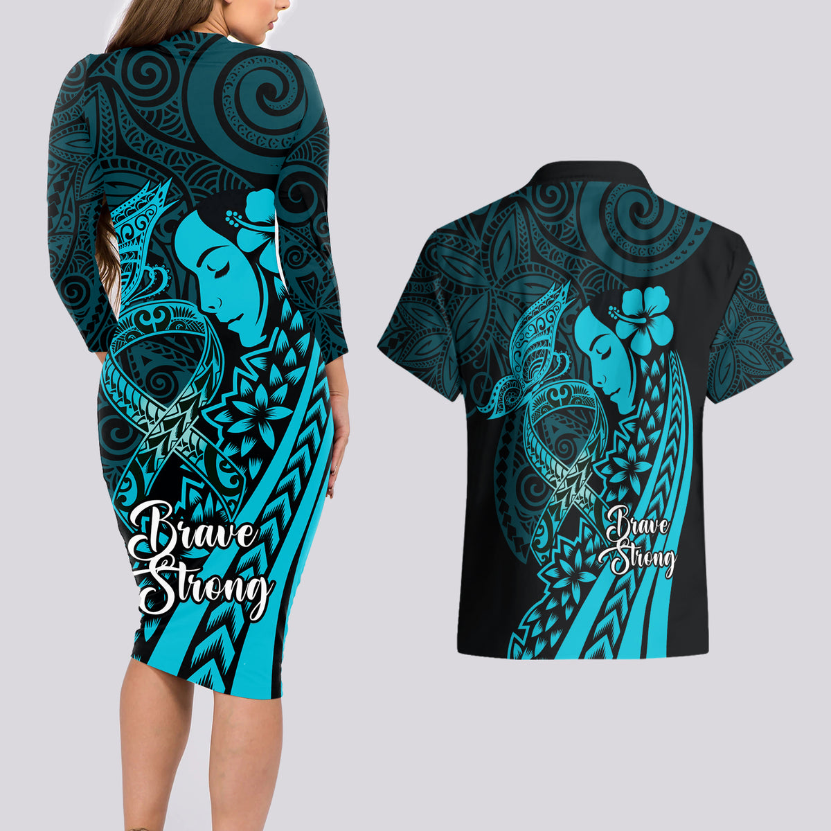 Polynesia World Ovarian Cancer Day Couples Matching Long Sleeve Bodycon Dress and Hawaiian Shirt You Matter Polynesian Women LT14 - Polynesian Pride