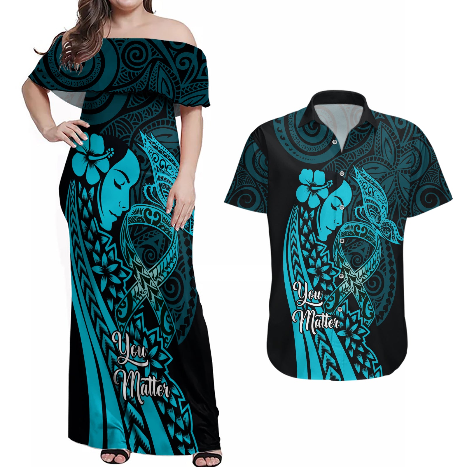 Polynesia World Ovarian Cancer Day Couples Matching Off Shoulder Maxi Dress and Hawaiian Shirt You Matter Polynesian Women