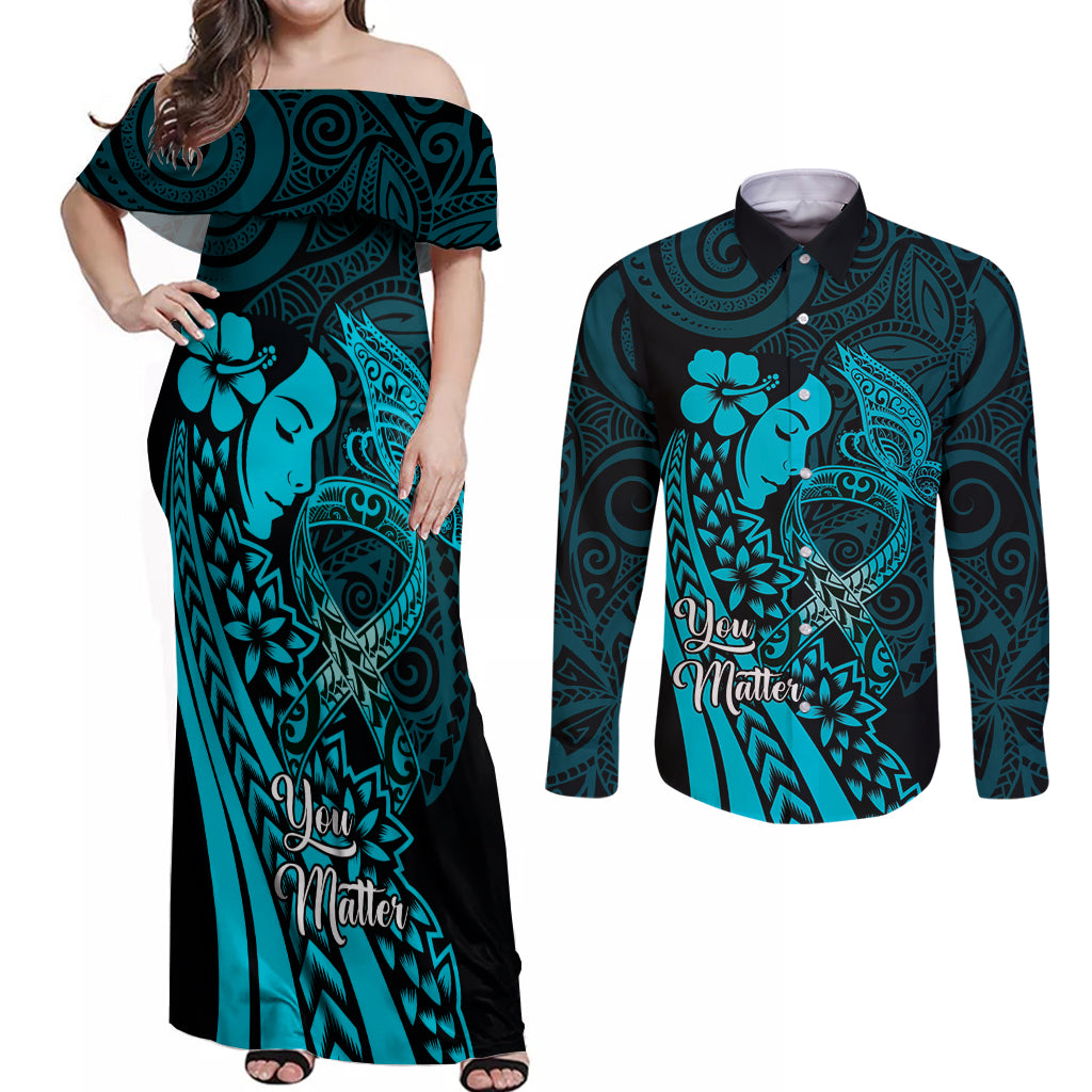 Polynesia World Ovarian Cancer Day Couples Matching Off Shoulder Maxi Dress and Long Sleeve Button Shirt You Matter Polynesian Women