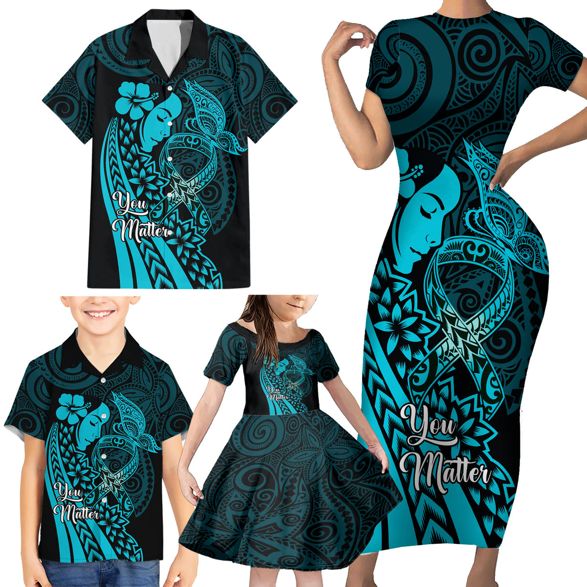 Polynesia World Ovarian Cancer Day Family Matching Short Sleeve Bodycon Dress and Hawaiian Shirt You Matter Polynesian Women