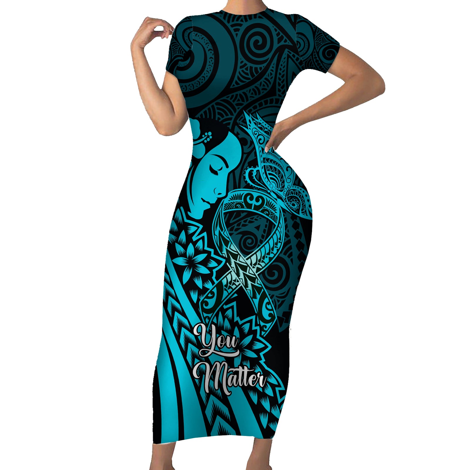 Polynesia World Ovarian Cancer Day Short Sleeve Bodycon Dress You Matter Polynesian Women LT14 Long Dress Teal - Polynesian Pride