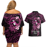 Polynesia Breast Cancer Awareness Couples Matching Off Shoulder Short Dress and Hawaiian Shirt Pink Ribbon No One Fights Alone - Black