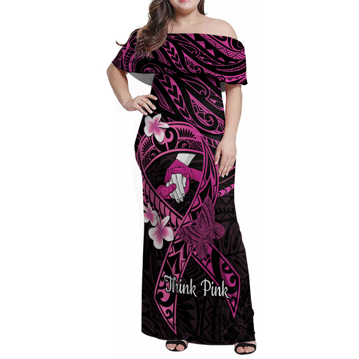Polynesia Breast Cancer Awareness Family Matching Off Shoulder Maxi Dress and Hawaiian Shirt Pink Ribbon No One Fights Alone - Black