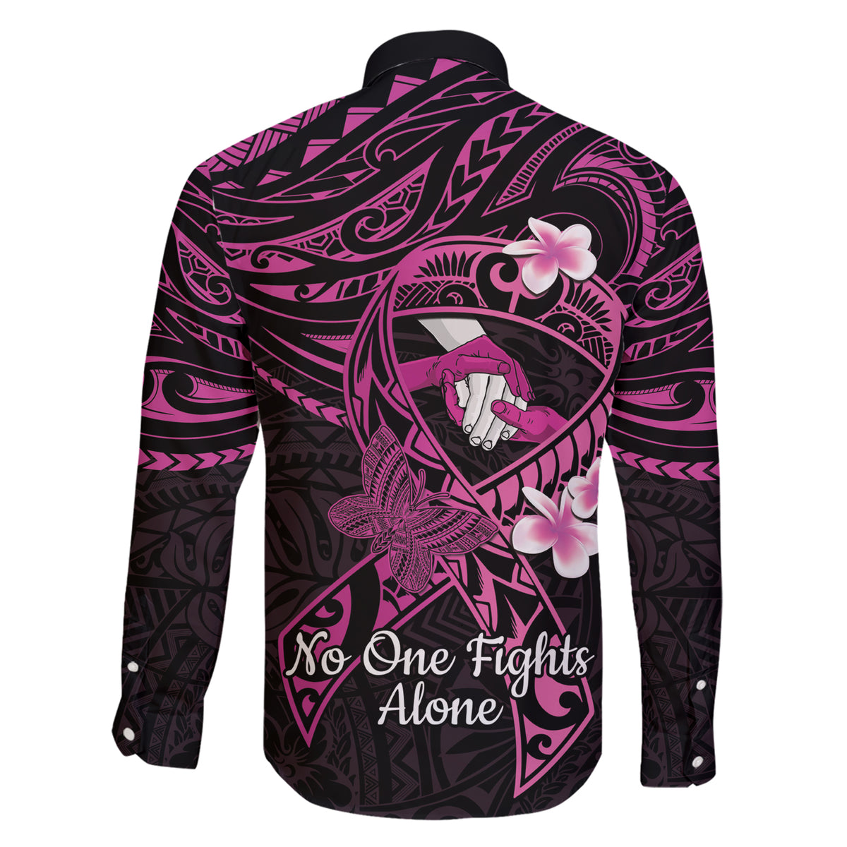 Polynesia Breast Cancer Awareness Family Matching Short Sleeve Bodycon Dress and Hawaiian Shirt Pink Ribbon No One Fights Alone - Black