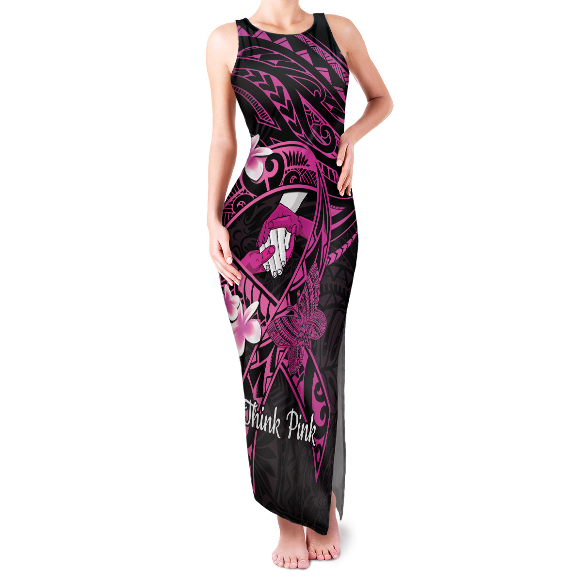 Polynesia Breast Cancer Awareness Family Matching Tank Maxi Dress and Hawaiian Shirt Pink Ribbon No One Fights Alone - Black