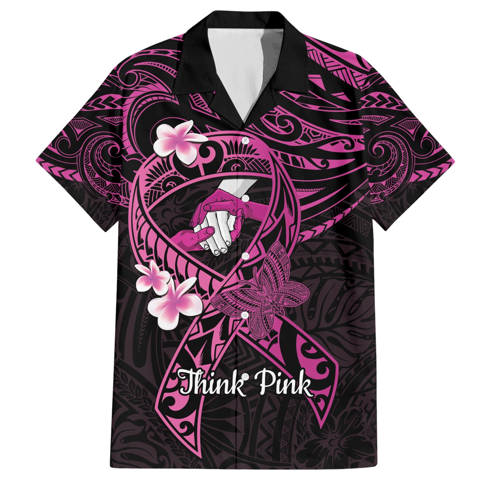 Polynesia Breast Cancer Awareness Hawaiian Shirt Pink Ribbon No One Fights Alone - Black