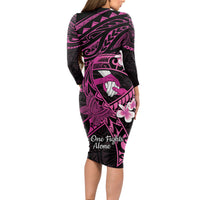 Polynesia Breast Cancer Awareness Long Sleeve Bodycon Dress Pink Ribbon No One Fights Alone - Black