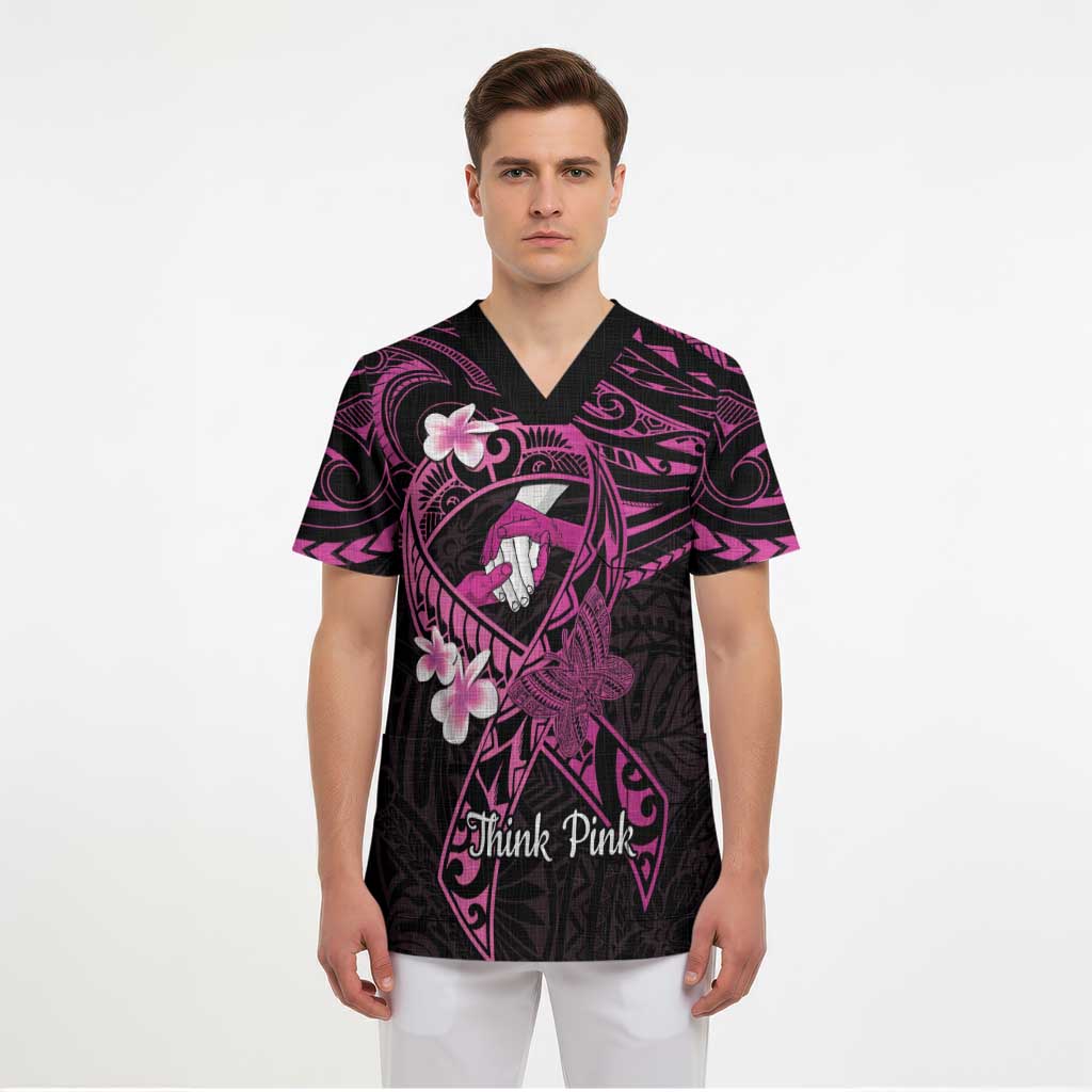 Polynesia Breast Cancer Awareness Scrub Top Pink Ribbon No One Fights Alone - Black - Polynesian Pride
