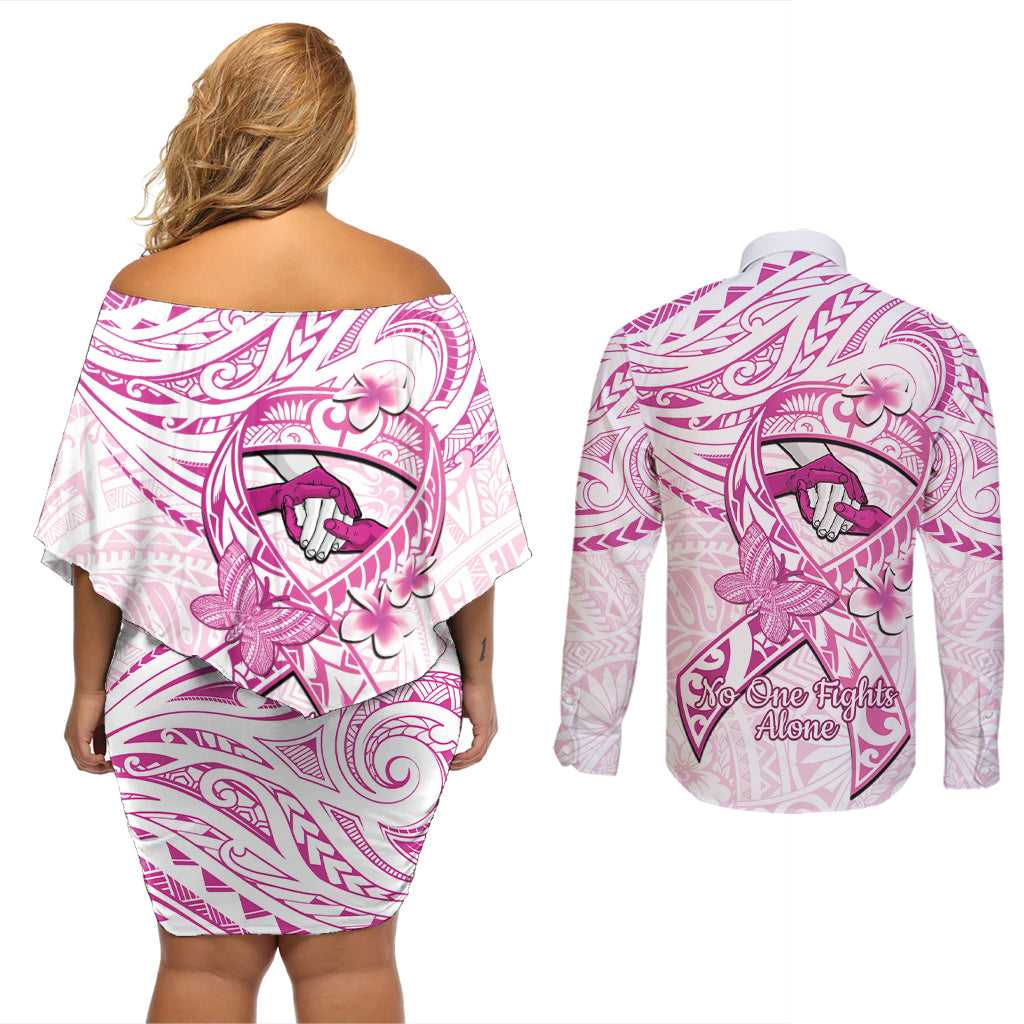 Polynesia Breast Cancer Awareness Couples Matching Off Shoulder Short Dress and Long Sleeve Button Shirt Pink Ribbon No One Fights Alone - White