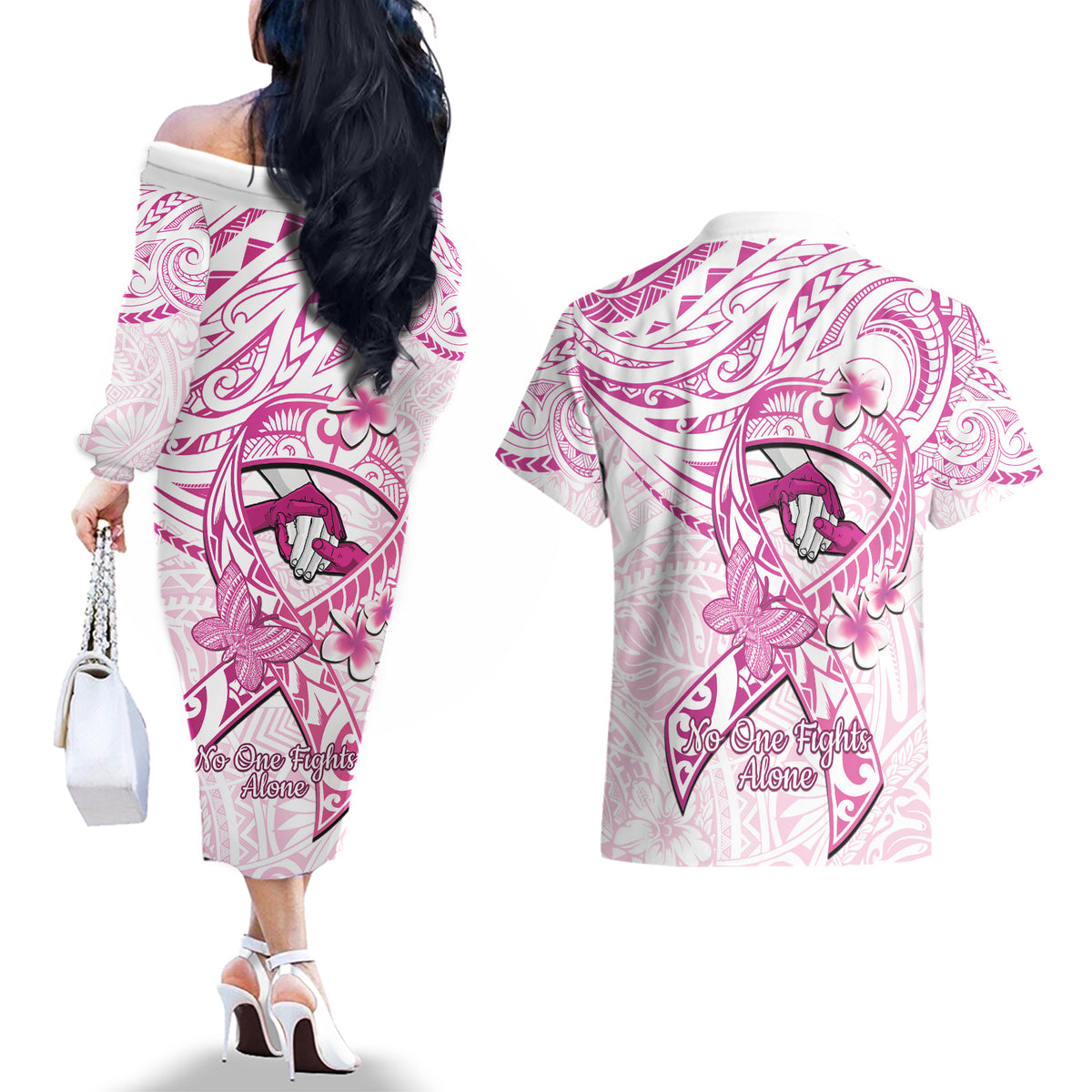 Polynesia Breast Cancer Awareness Couples Matching Off The Shoulder Long Sleeve Dress and Hawaiian Shirt Pink Ribbon No One Fights Alone - White