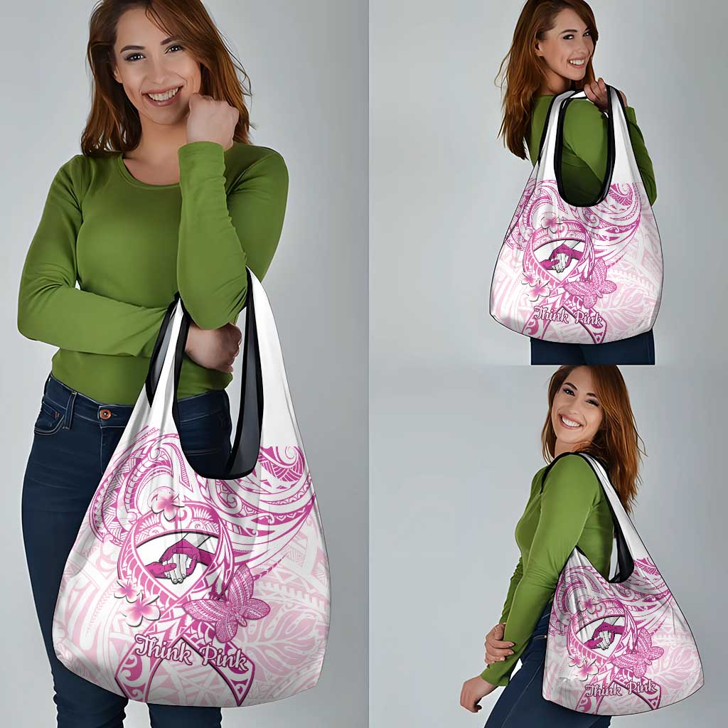 Polynesia Breast Cancer Awareness Grocery Bag Pink Ribbon No One Fights Alone - White