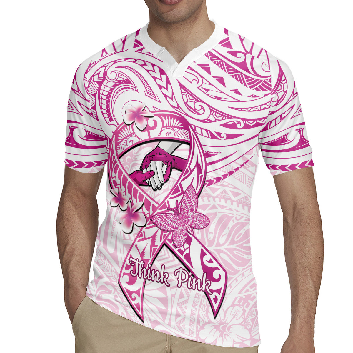 Polynesia Breast Cancer Awareness Rugby Jersey Pink Ribbon No One Fights Alone - White