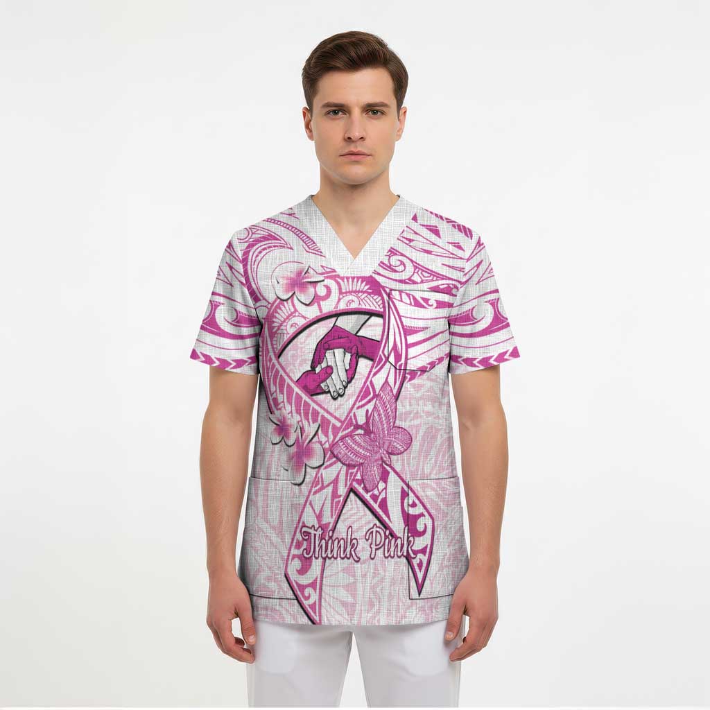 Polynesia Breast Cancer Awareness Scrub Top Pink Ribbon No One Fights Alone - White - Polynesian Pride