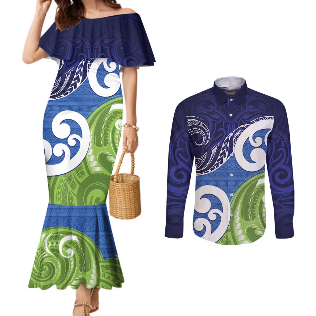 Southland New Zealand Couples Matching Mermaid Dress and Long Sleeve Button Shirt Maori Koru Flag Color