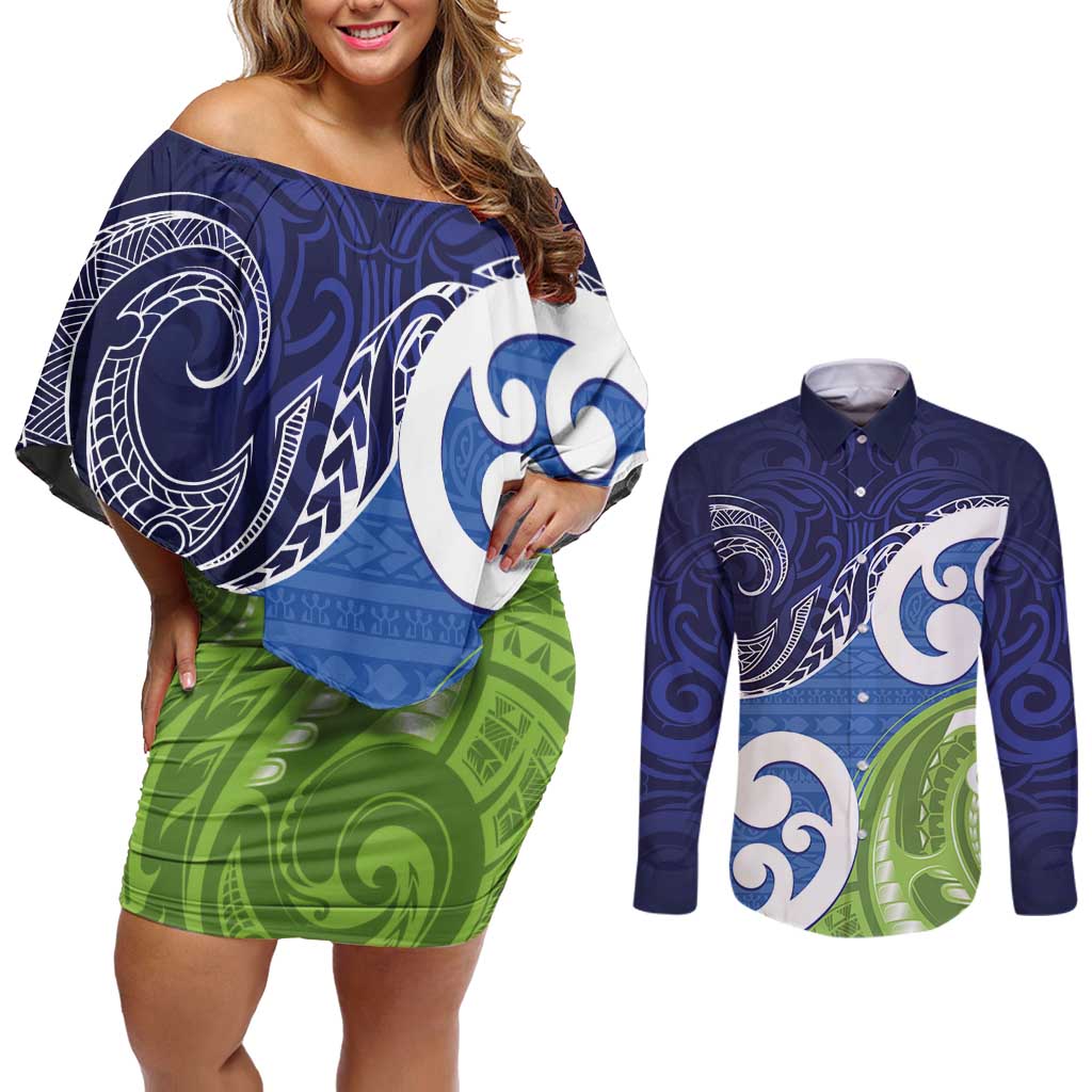 Southland New Zealand Couples Matching Off Shoulder Short Dress and Long Sleeve Button Shirt Maori Koru Flag Color