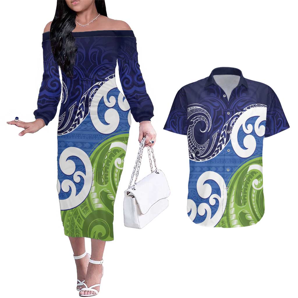 Southland New Zealand Couples Matching Off The Shoulder Long Sleeve Dress and Hawaiian Shirt Maori Koru Flag Color LT14 Blue - Polynesian Pride