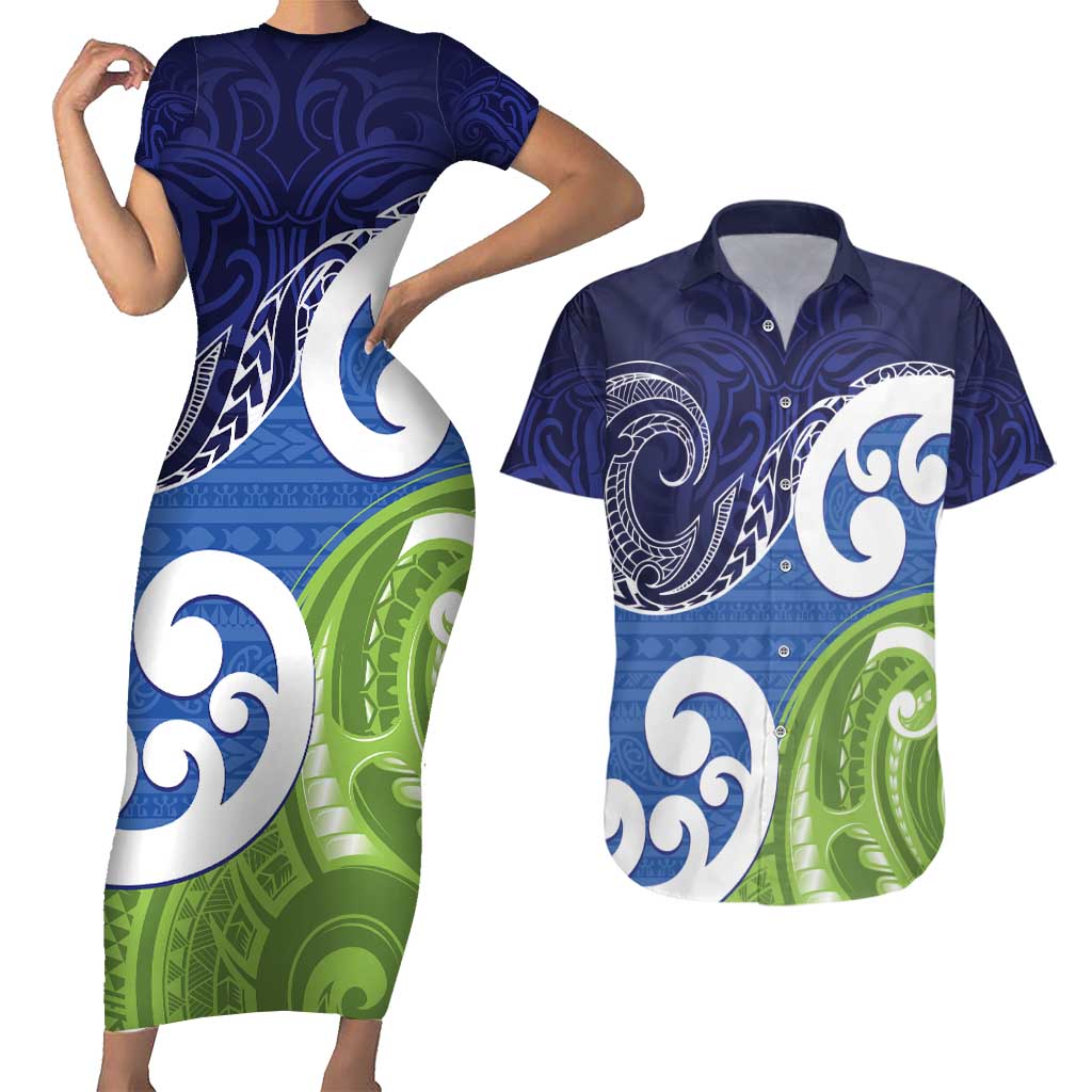 Southland New Zealand Couples Matching Short Sleeve Bodycon Dress and Hawaiian Shirt Maori Koru Flag Color