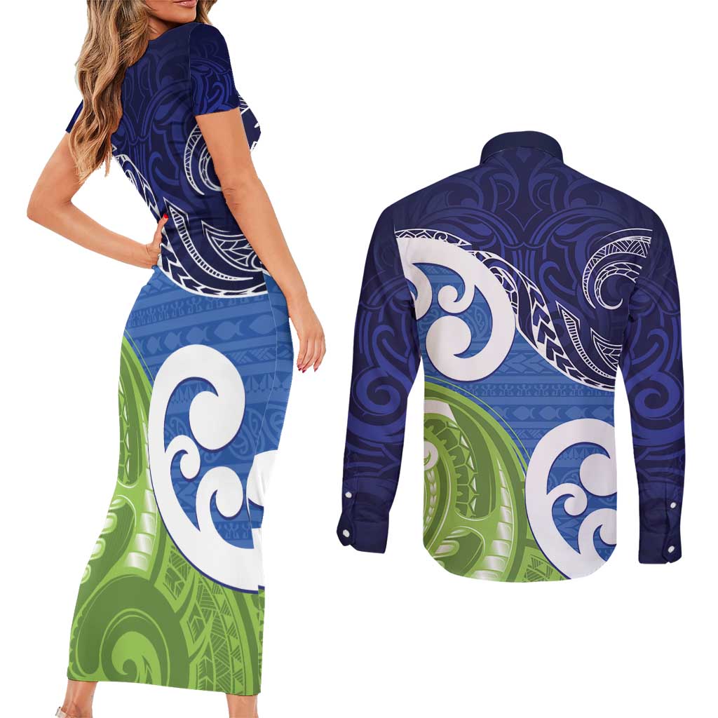 Southland New Zealand Couples Matching Short Sleeve Bodycon Dress and Long Sleeve Button Shirt Maori Koru Flag Color LT14 - Polynesian Pride