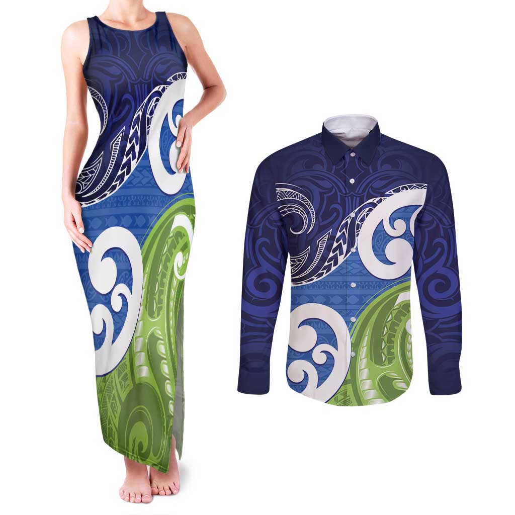 Southland New Zealand Couples Matching Tank Maxi Dress and Long Sleeve Button Shirt Maori Koru Flag Color