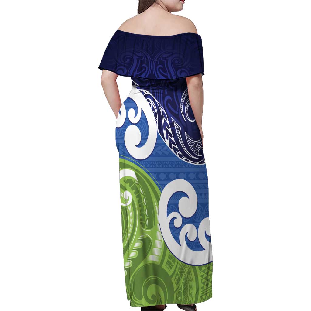Southland New Zealand Family Matching Off Shoulder Maxi Dress and Hawaiian Shirt Maori Koru Flag Color LT14 - Polynesian Pride
