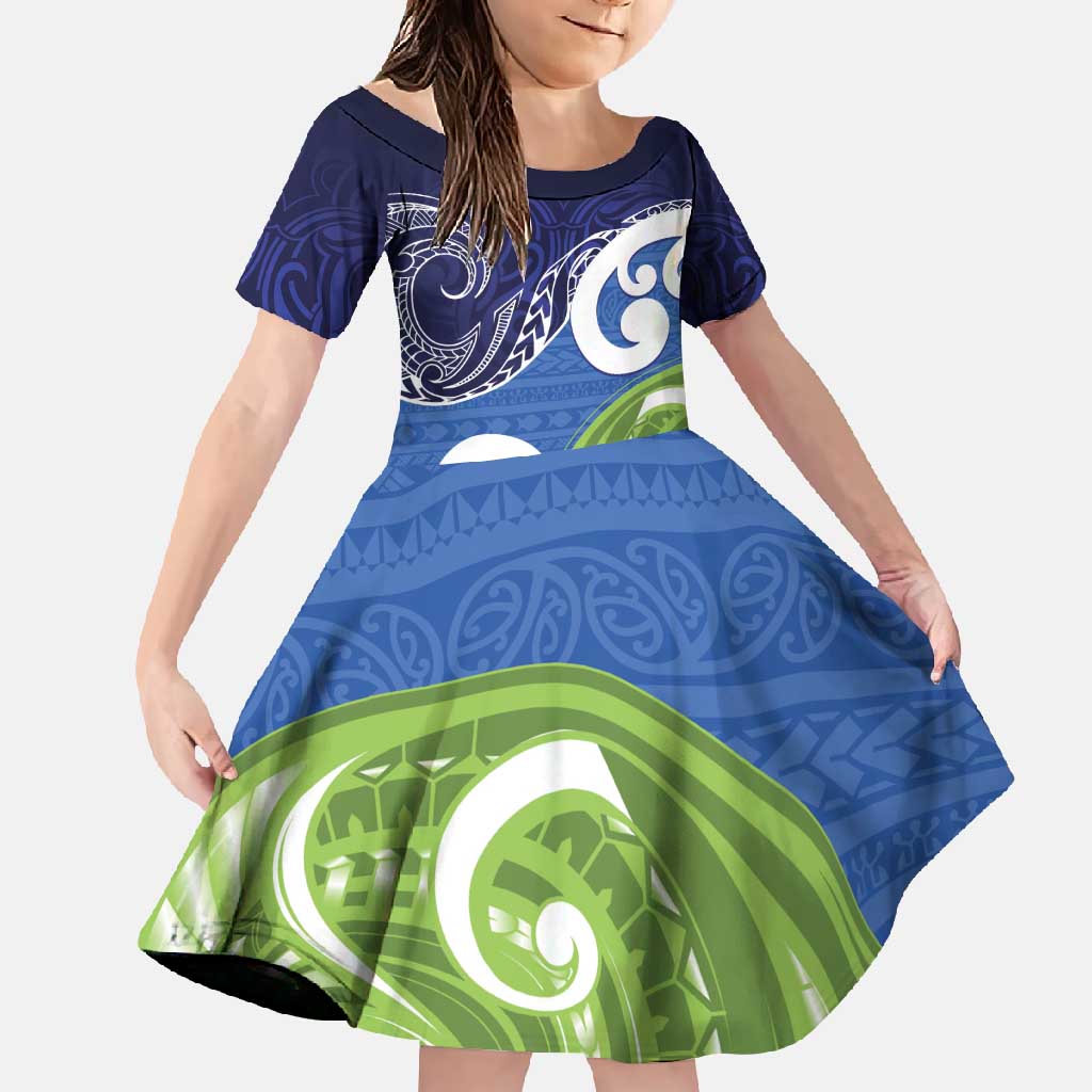 Southland New Zealand Family Matching Summer Maxi Dress and Hawaiian Shirt Maori Koru Flag Color LT14 Daughter's Dress Blue - Polynesian Pride